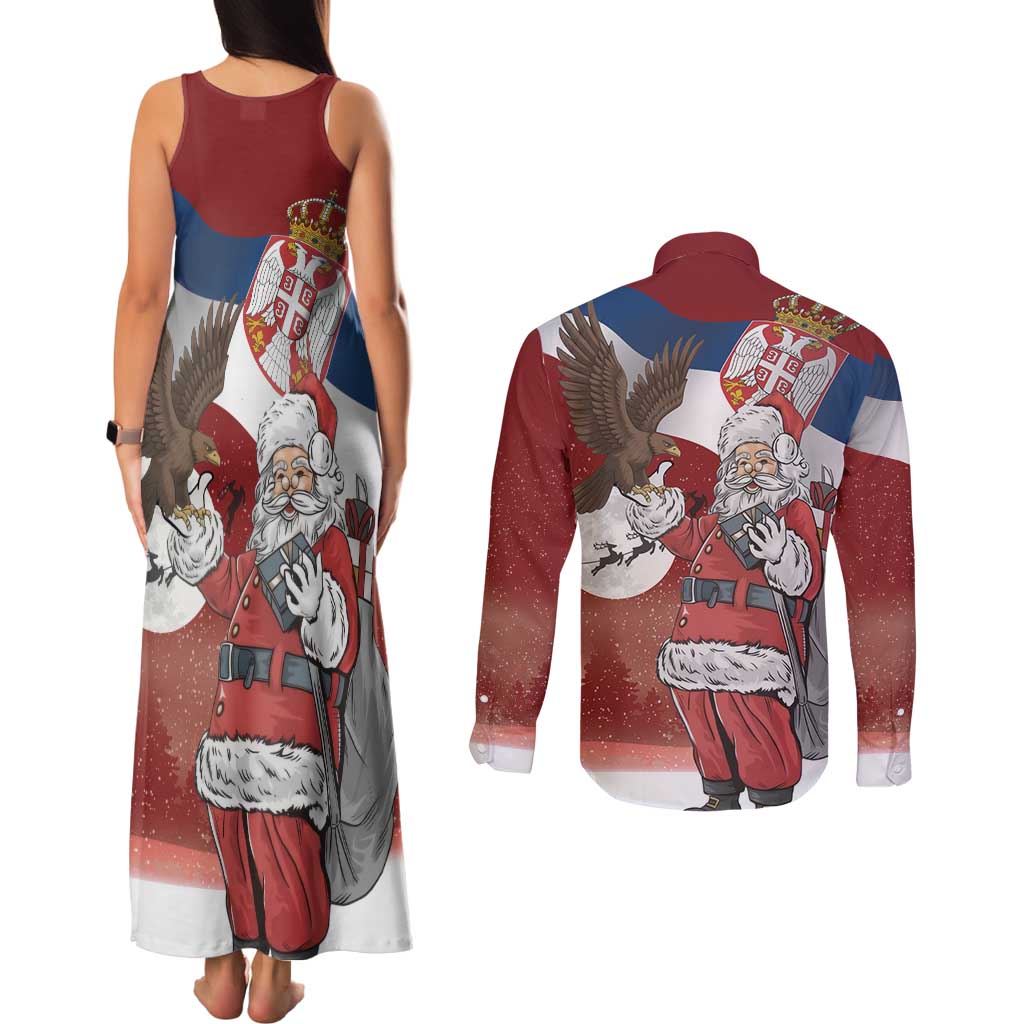 Serbia Santa Christmas Couples Matching Tank Maxi Dress and Long Sleeve Button Shirt Christmas Serbian Eagle Flag Style - Wonder Print Shop