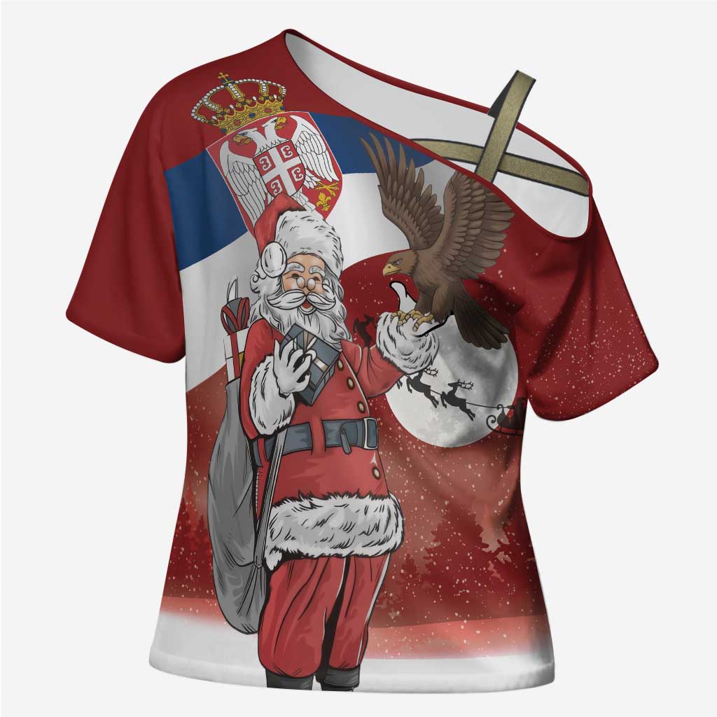 Serbia Santa Christmas Cross Shoulder Shirt Christmas Serbian Eagle Flag Style - Wonder Print Shop