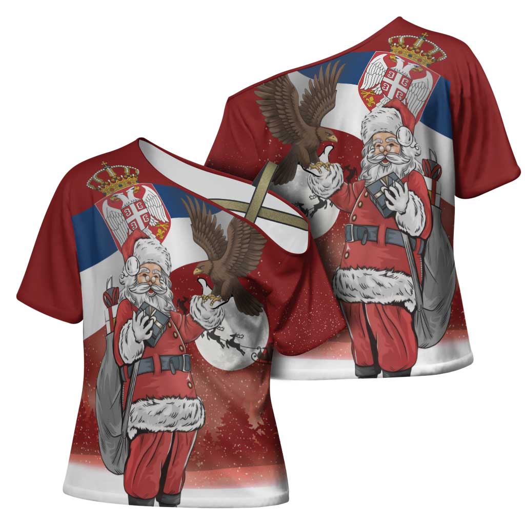 Serbia Santa Christmas Cross Shoulder Shirt Christmas Serbian Eagle Flag Style - Wonder Print Shop