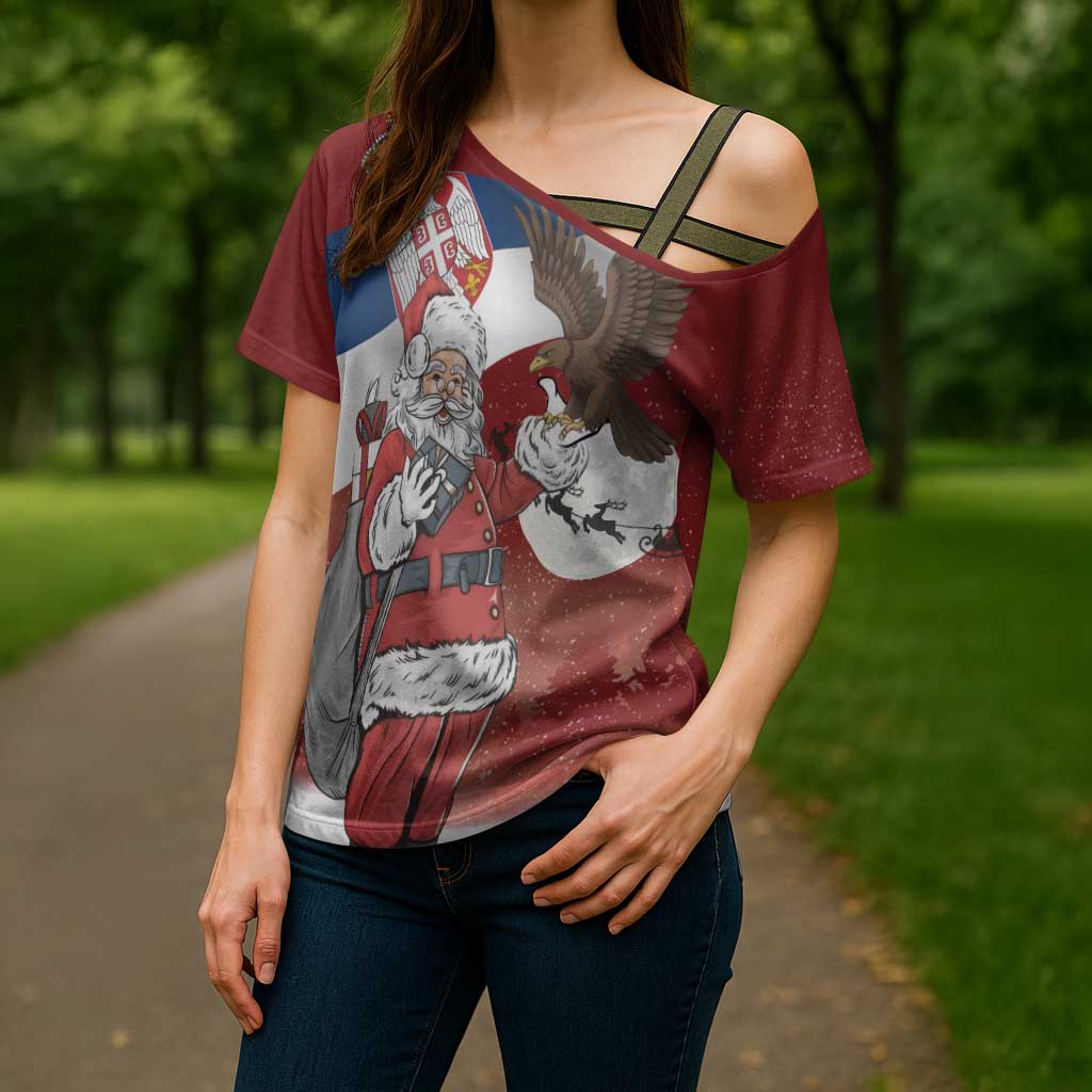 Serbia Santa Christmas Cross Shoulder Shirt Christmas Serbian Eagle Flag Style - Wonder Print Shop