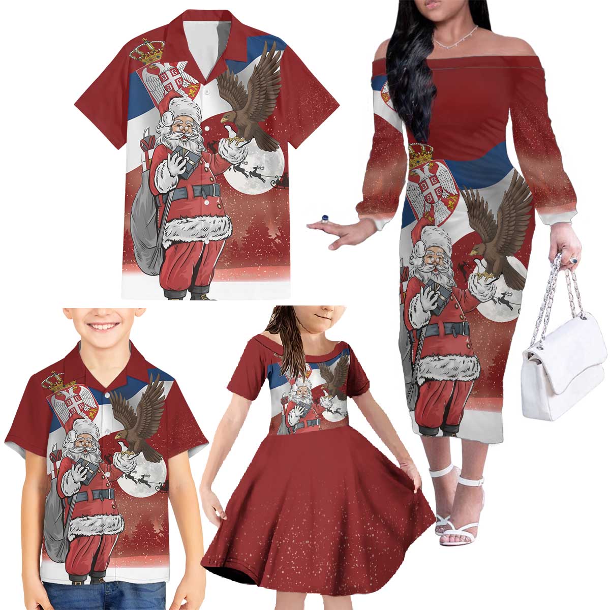 Serbia Santa Christmas Family Matching Off The Shoulder Long Sleeve Dress and Hawaiian Shirt Christmas Serbian Eagle Flag Style - Wonder Print Shop