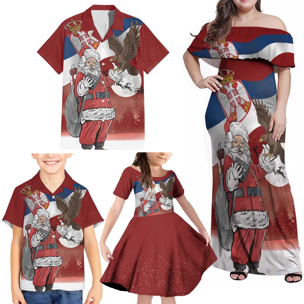 Serbia Santa Christmas Family Matching Off Shoulder Maxi Dress and Hawaiian Shirt Christmas Serbian Eagle Flag Style - Wonder Print Shop