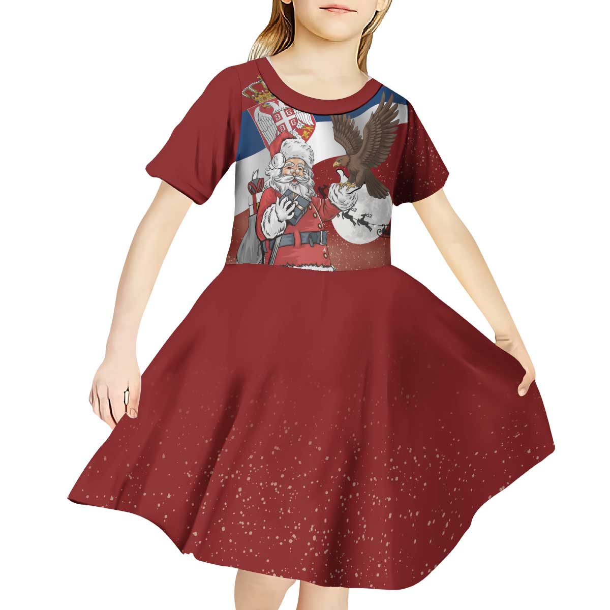 Serbia Santa Christmas Kid Short Sleeve Dress Christmas Serbian Eagle Flag Style - Wonder Print Shop