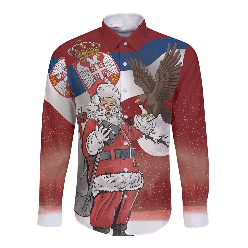 Serbia Santa Christmas Long Sleeve Button Shirt Christmas Serbian Eagle Flag Style - Wonder Print Shop
