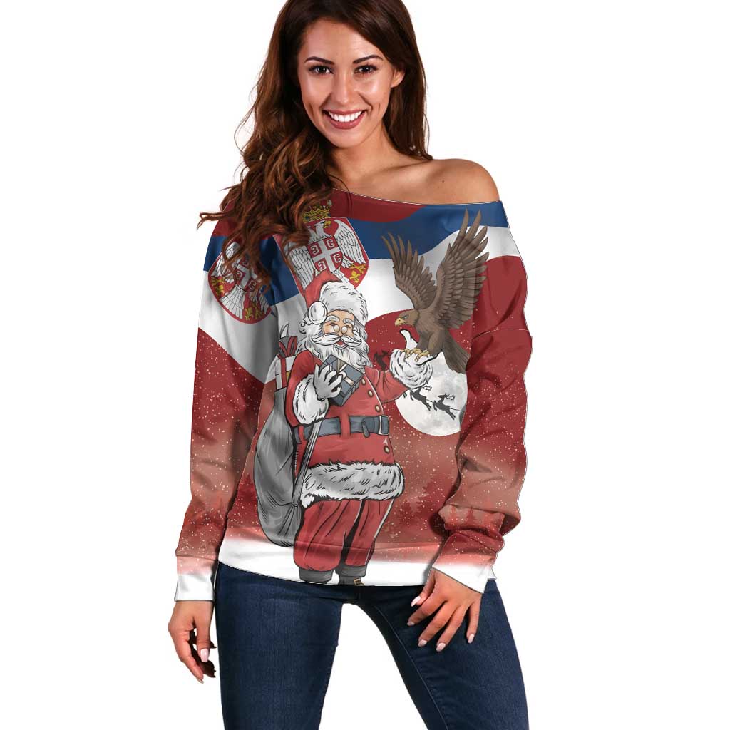 Serbia Santa Christmas Off Shoulder Sweater Christmas Serbian Eagle Flag Style - Wonder Print Shop