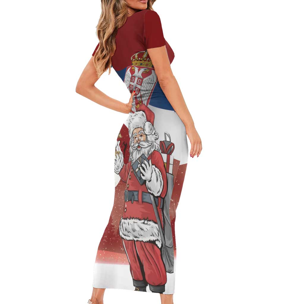 Serbia Santa Christmas Short Sleeve Bodycon Dress Christmas Serbian Eagle Flag Style - Wonder Print Shop
