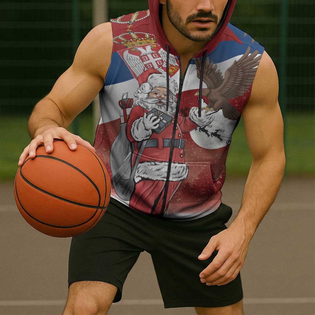 Serbia Santa Christmas Sleeveless Zip Hoodie Christmas Serbian Eagle Flag Style - Wonder Print Shop
