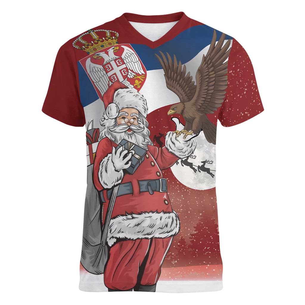 Serbia Santa Christmas Women V-Neck T-Shirt Christmas Serbian Eagle Flag Style - Wonder Print Shop