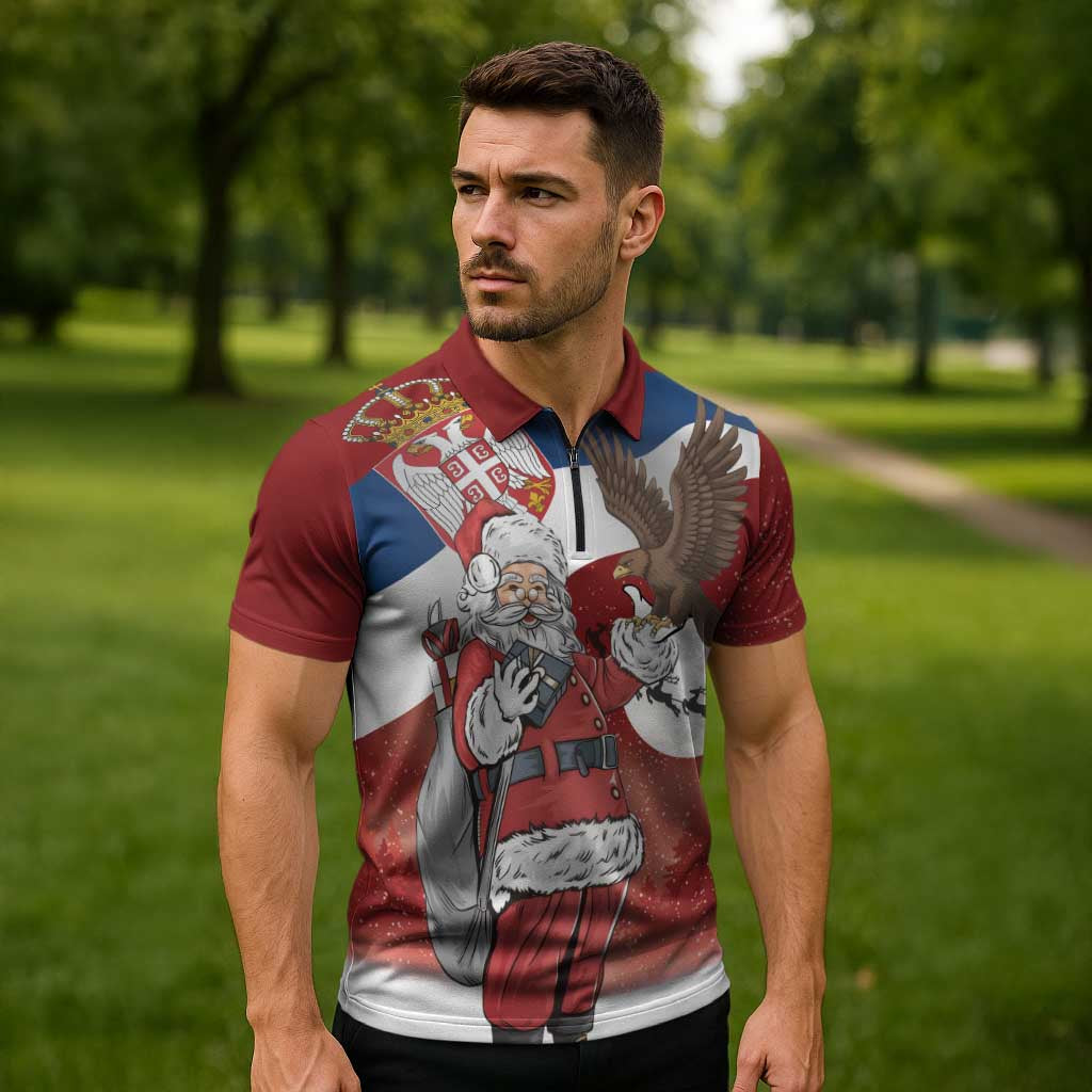 Serbia Santa Christmas Zipper Polo Shirt Christmas Serbian Eagle Flag Style - Wonder Print Shop