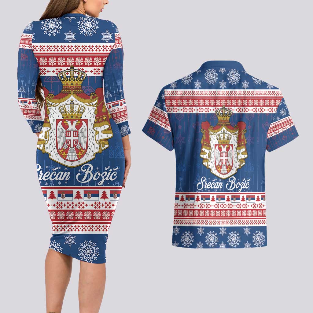 Serbia Christmas Couples Matching Long Sleeve Bodycon Dress and Hawaiian Shirt Coat Of Arms Srecan Bozic - Wonder Print Shop