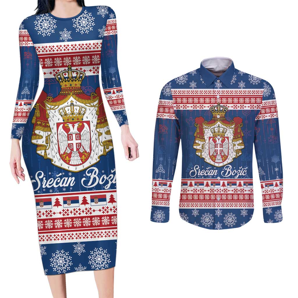 Serbia Christmas Couples Matching Long Sleeve Bodycon Dress and Long Sleeve Button Shirt Coat Of Arms Srecan Bozic - Wonder Print Shop