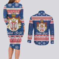 Serbia Christmas Couples Matching Long Sleeve Bodycon Dress and Long Sleeve Button Shirt Coat Of Arms Srecan Bozic - Wonder Print Shop