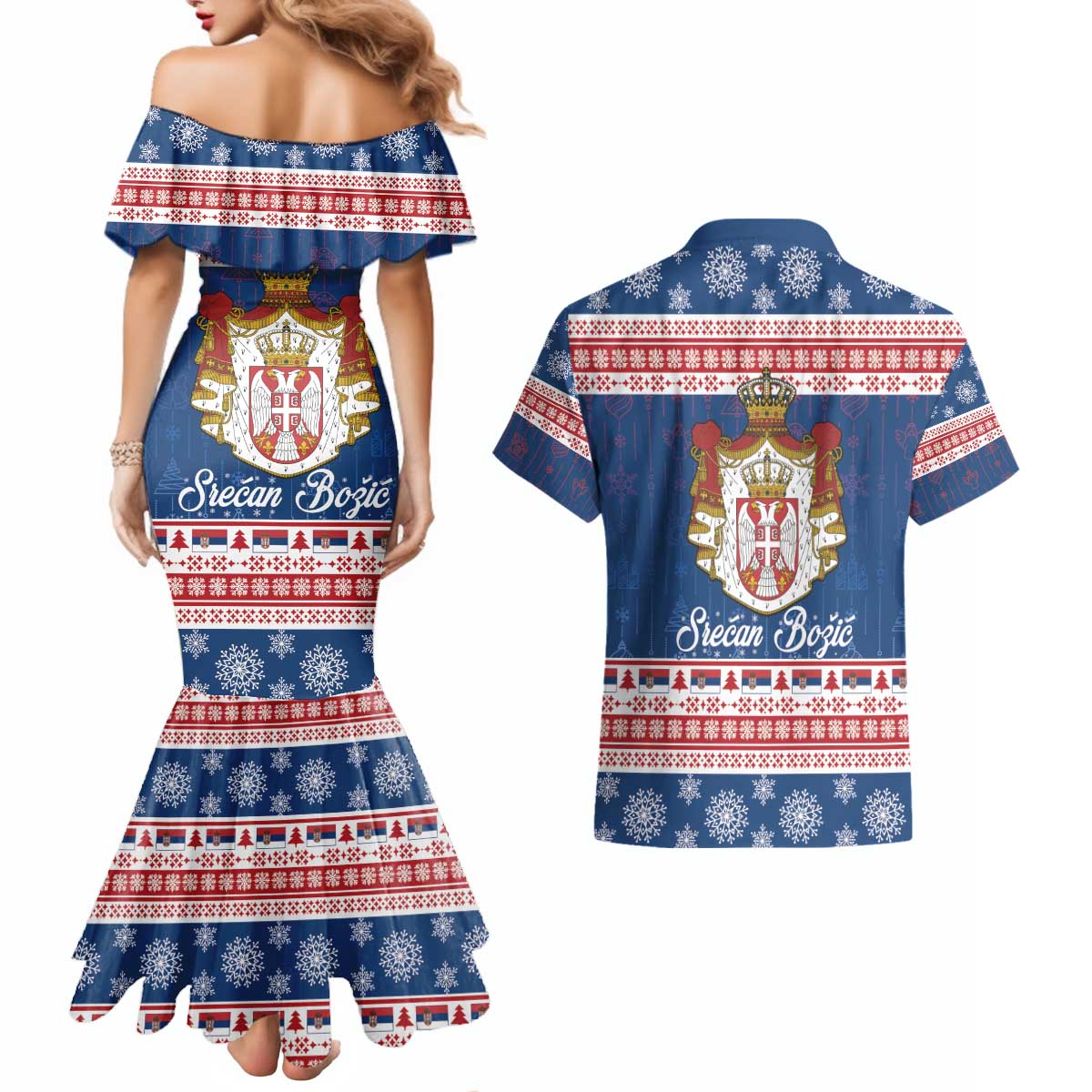 Serbia Christmas Couples Matching Mermaid Dress and Hawaiian Shirt Coat Of Arms Srecan Bozic - Wonder Print Shop