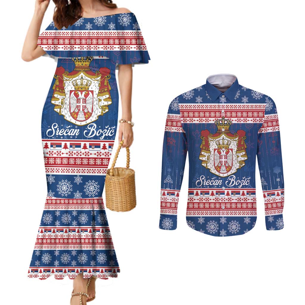 Serbia Christmas Couples Matching Mermaid Dress and Long Sleeve Button Shirt Coat Of Arms Srecan Bozic - Wonder Print Shop