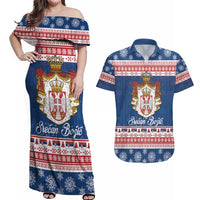 Serbia Christmas Couples Matching Off Shoulder Maxi Dress and Hawaiian Shirt Coat Of Arms Srecan Bozic - Wonder Print Shop