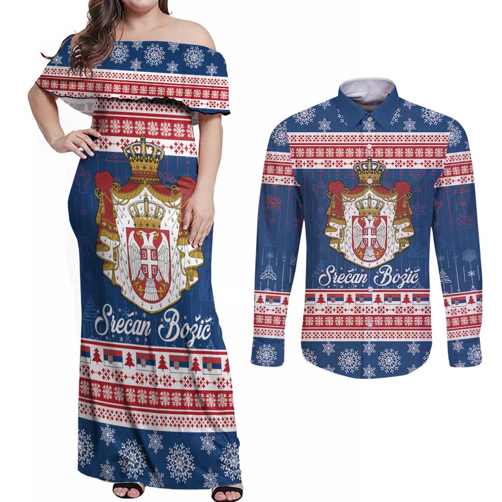 Serbia Christmas Couples Matching Off Shoulder Maxi Dress and Long Sleeve Button Shirt Coat Of Arms Srecan Bozic - Wonder Print Shop