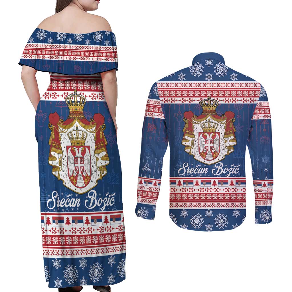 Serbia Christmas Couples Matching Off Shoulder Maxi Dress and Long Sleeve Button Shirt Coat Of Arms Srecan Bozic - Wonder Print Shop