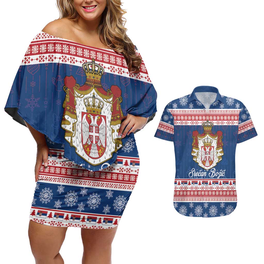 Serbia Christmas Couples Matching Off Shoulder Short Dress and Hawaiian Shirt Coat Of Arms Srecan Bozic - Wonder Print Shop