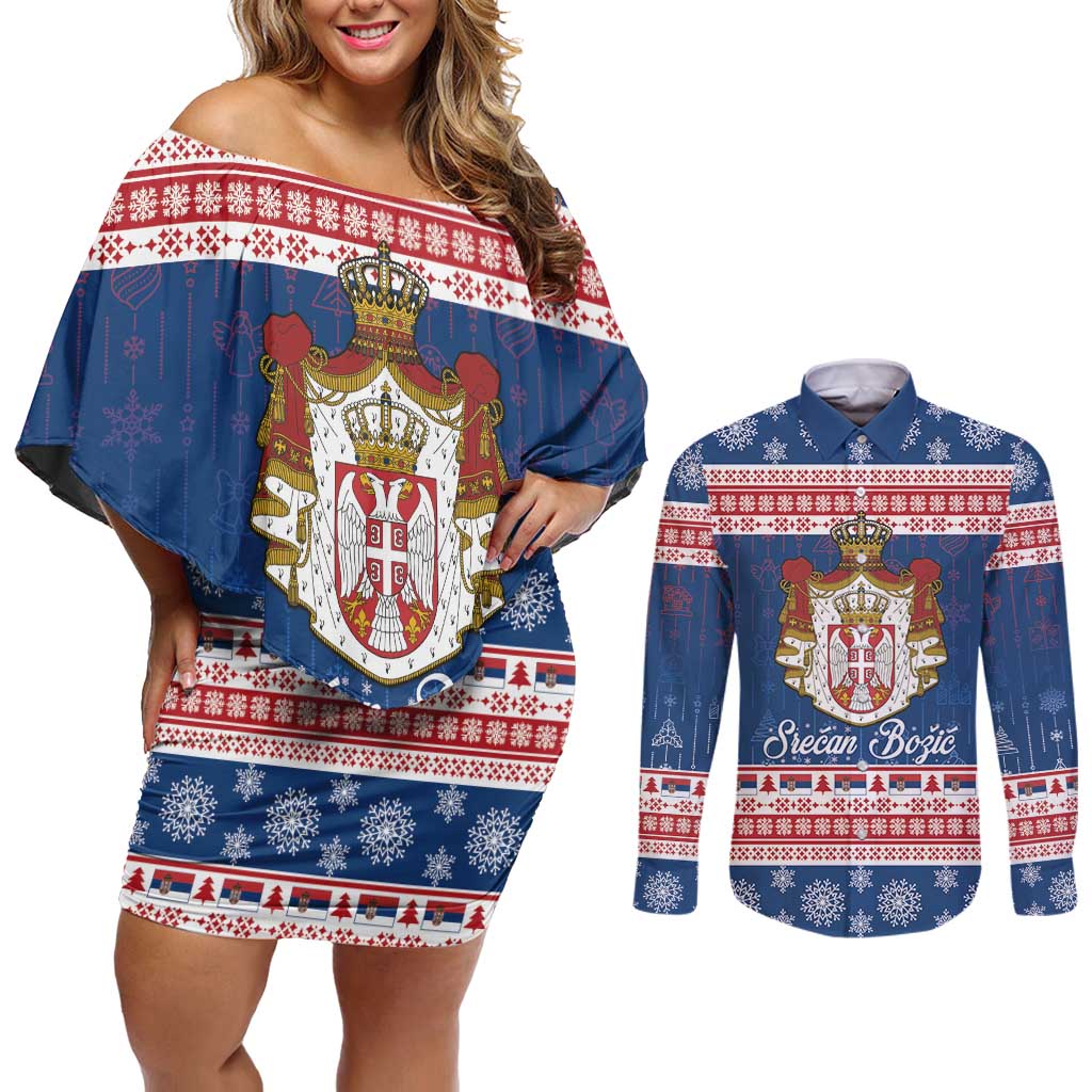 Serbia Christmas Couples Matching Off Shoulder Short Dress and Long Sleeve Button Shirt Coat Of Arms Srecan Bozic - Wonder Print Shop