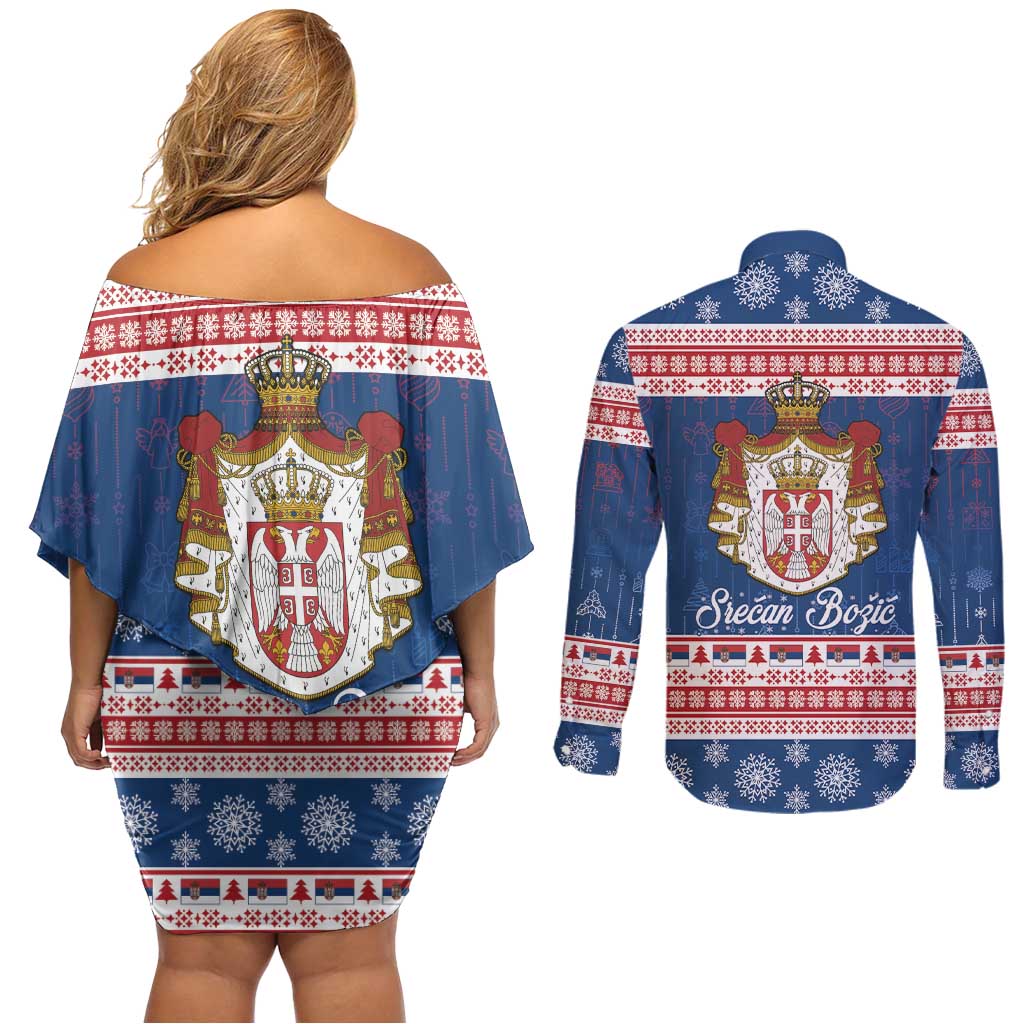 Serbia Christmas Couples Matching Off Shoulder Short Dress and Long Sleeve Button Shirt Coat Of Arms Srecan Bozic - Wonder Print Shop
