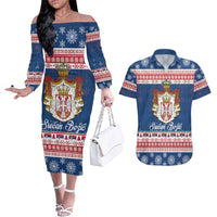Serbia Christmas Couples Matching Off The Shoulder Long Sleeve Dress and Hawaiian Shirt Coat Of Arms Srecan Bozic - Wonder Print Shop