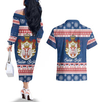 Serbia Christmas Couples Matching Off The Shoulder Long Sleeve Dress and Hawaiian Shirt Coat Of Arms Srecan Bozic - Wonder Print Shop