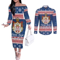Serbia Christmas Couples Matching Off The Shoulder Long Sleeve Dress and Long Sleeve Button Shirt Coat Of Arms Srecan Bozic - Wonder Print Shop