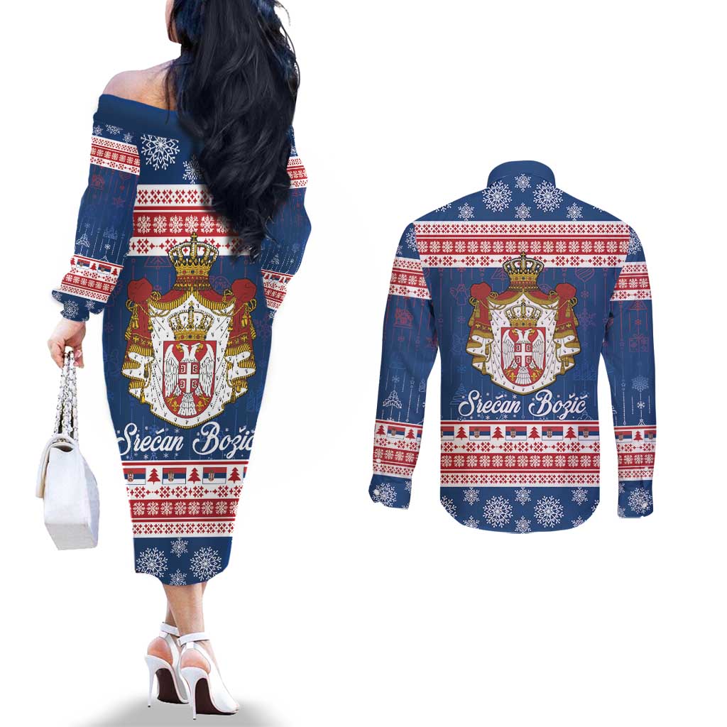 Serbia Christmas Couples Matching Off The Shoulder Long Sleeve Dress and Long Sleeve Button Shirt Coat Of Arms Srecan Bozic - Wonder Print Shop