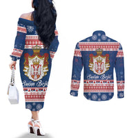 Serbia Christmas Couples Matching Off The Shoulder Long Sleeve Dress and Long Sleeve Button Shirt Coat Of Arms Srecan Bozic - Wonder Print Shop