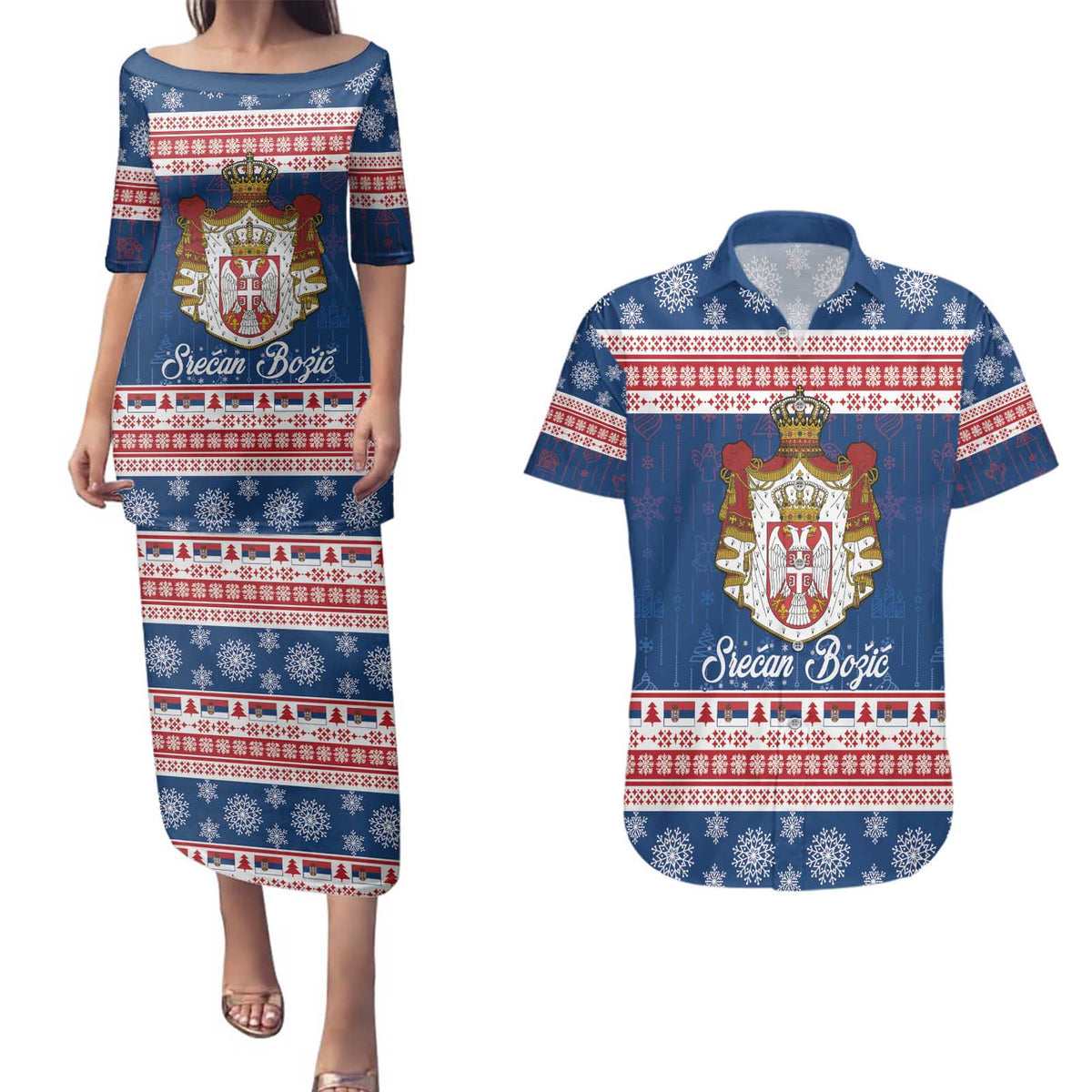Serbia Christmas Couples Matching Puletasi and Hawaiian Shirt Coat Of Arms Srecan Bozic - Wonder Print Shop