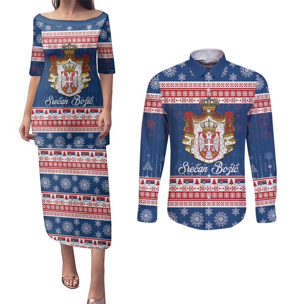 Serbia Christmas Couples Matching Puletasi and Long Sleeve Button Shirt Coat Of Arms Srecan Bozic - Wonder Print Shop
