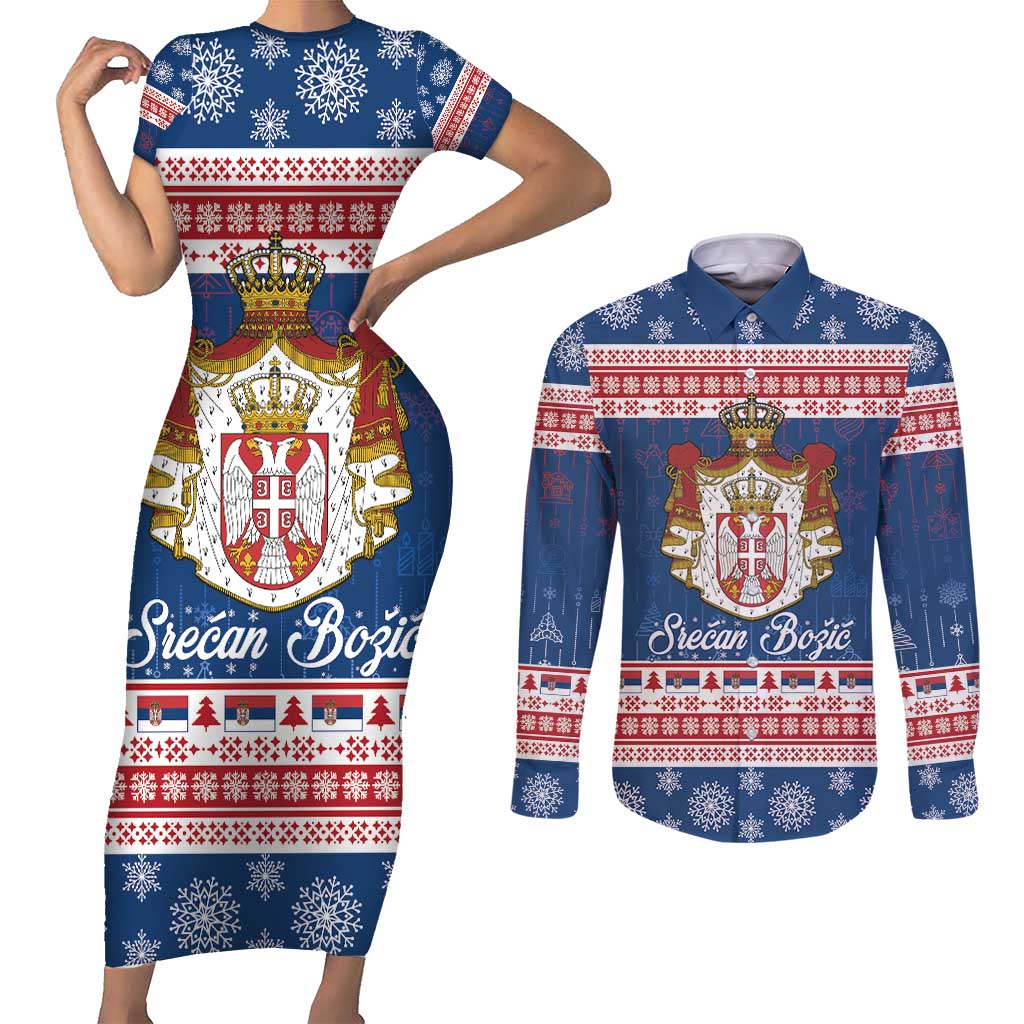 Serbia Christmas Couples Matching Short Sleeve Bodycon Dress and Long Sleeve Button Shirt Coat Of Arms Srecan Bozic - Wonder Print Shop