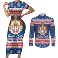Serbia Christmas Couples Matching Short Sleeve Bodycon Dress and Long Sleeve Button Shirt Coat Of Arms Srecan Bozic - Wonder Print Shop