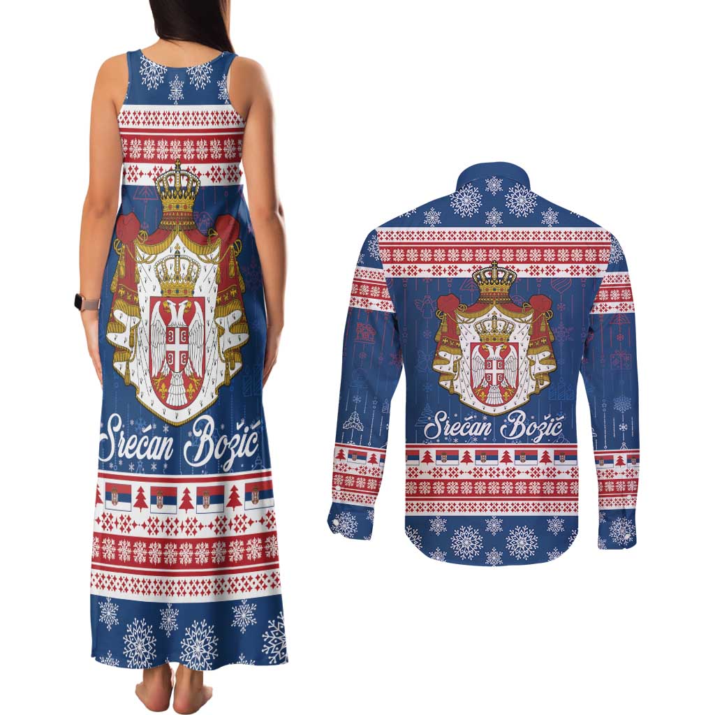 Serbia Christmas Couples Matching Tank Maxi Dress and Long Sleeve Button Shirt Coat Of Arms Srecan Bozic - Wonder Print Shop