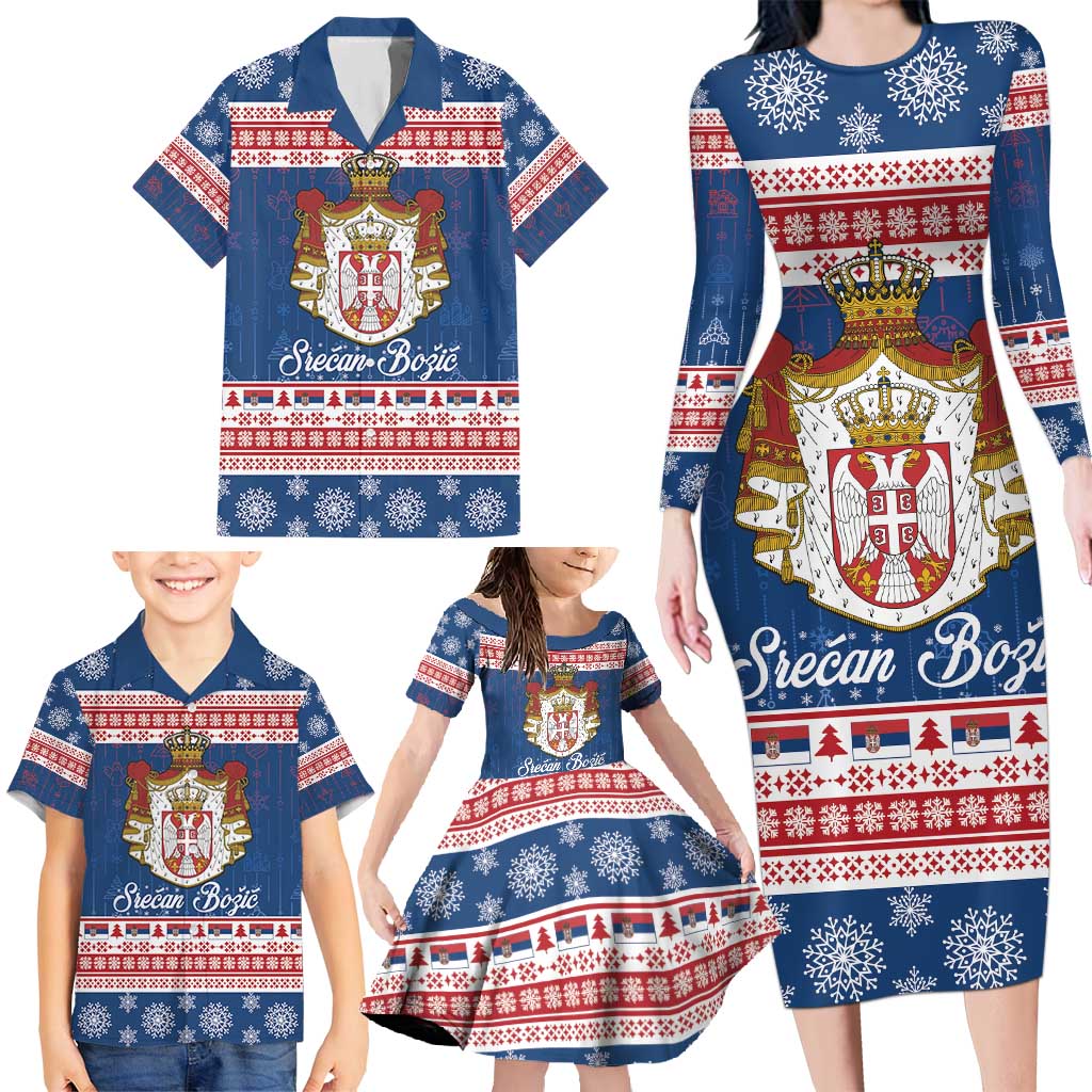 Serbia Christmas Family Matching Long Sleeve Bodycon Dress and Hawaiian Shirt Coat Of Arms Srecan Bozic - Wonder Print Shop