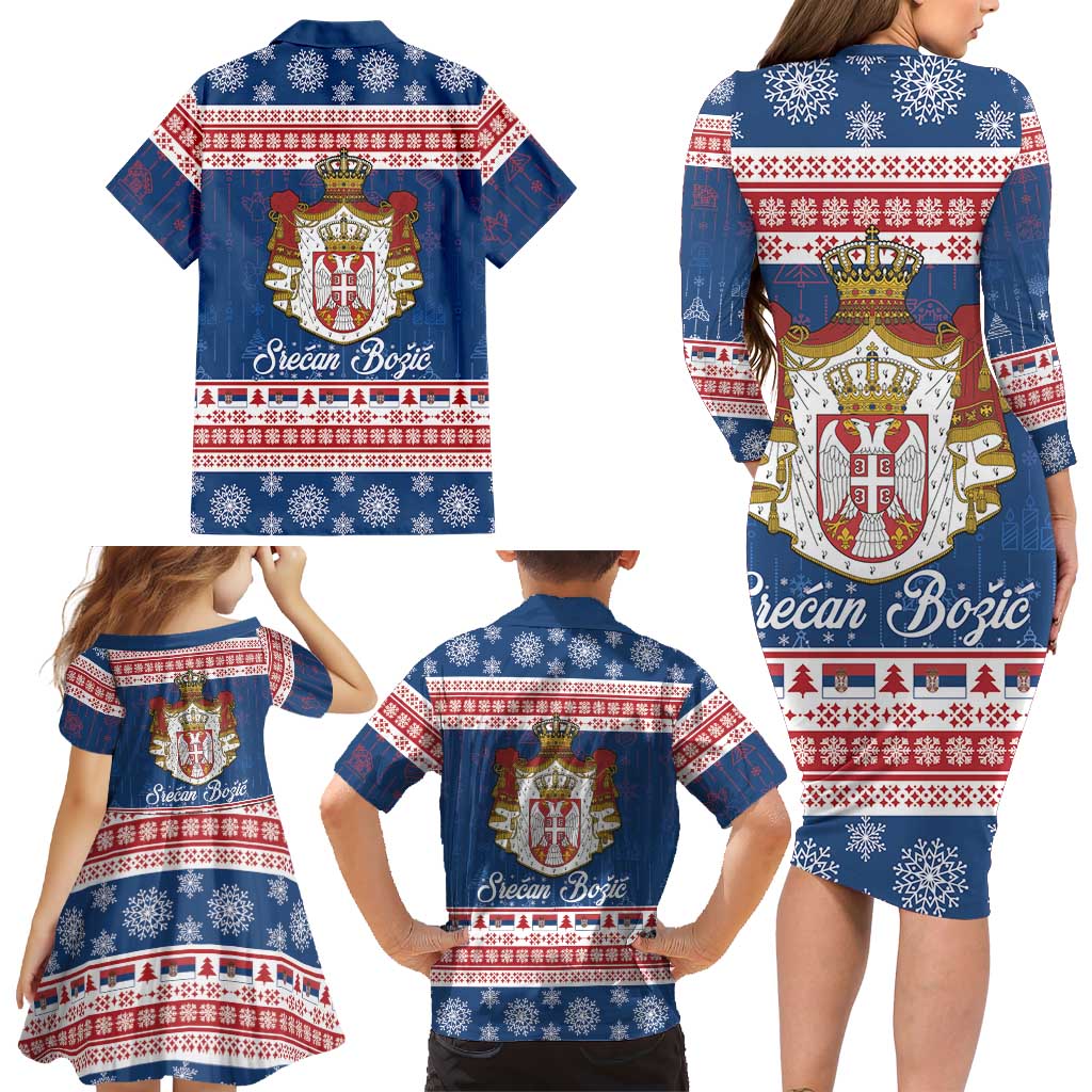 Serbia Christmas Family Matching Long Sleeve Bodycon Dress and Hawaiian Shirt Coat Of Arms Srecan Bozic - Wonder Print Shop
