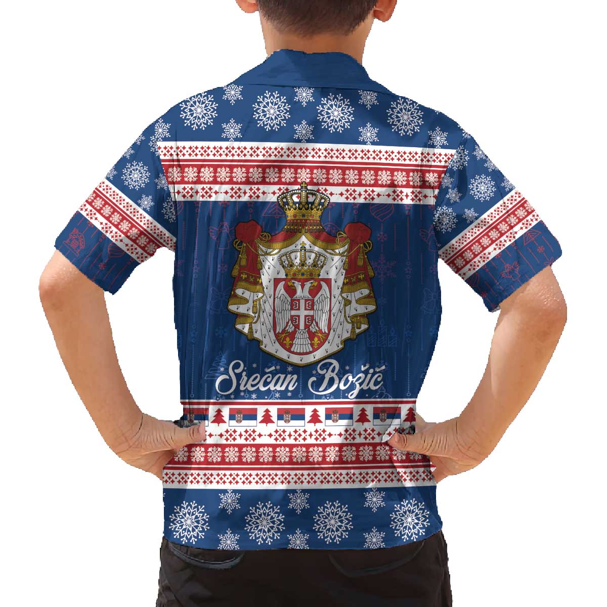 Serbia Christmas Family Matching Off The Shoulder Long Sleeve Dress and Hawaiian Shirt Coat Of Arms Srecan Bozic - Wonder Print Shop
