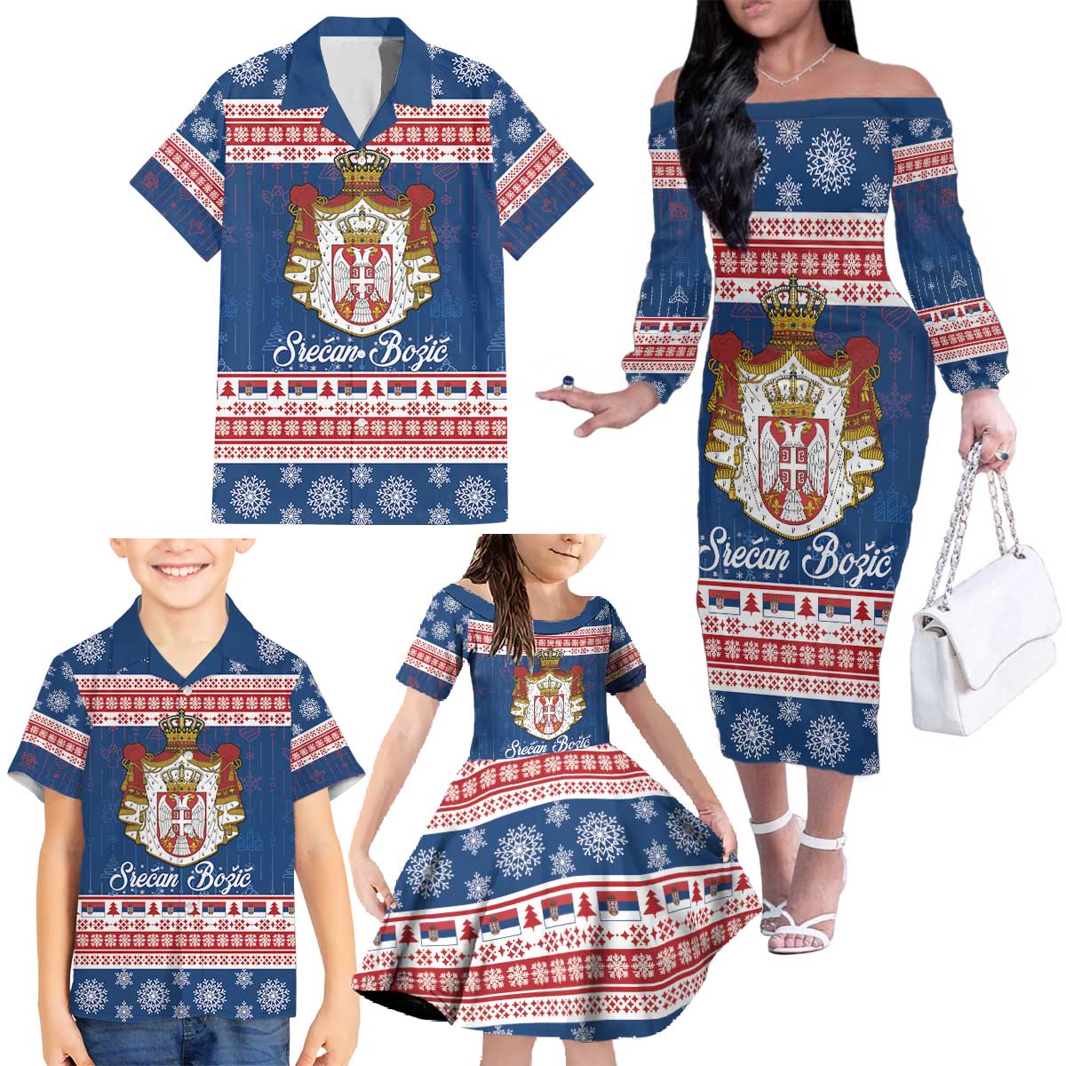 Serbia Christmas Family Matching Off The Shoulder Long Sleeve Dress and Hawaiian Shirt Coat Of Arms Srecan Bozic - Wonder Print Shop