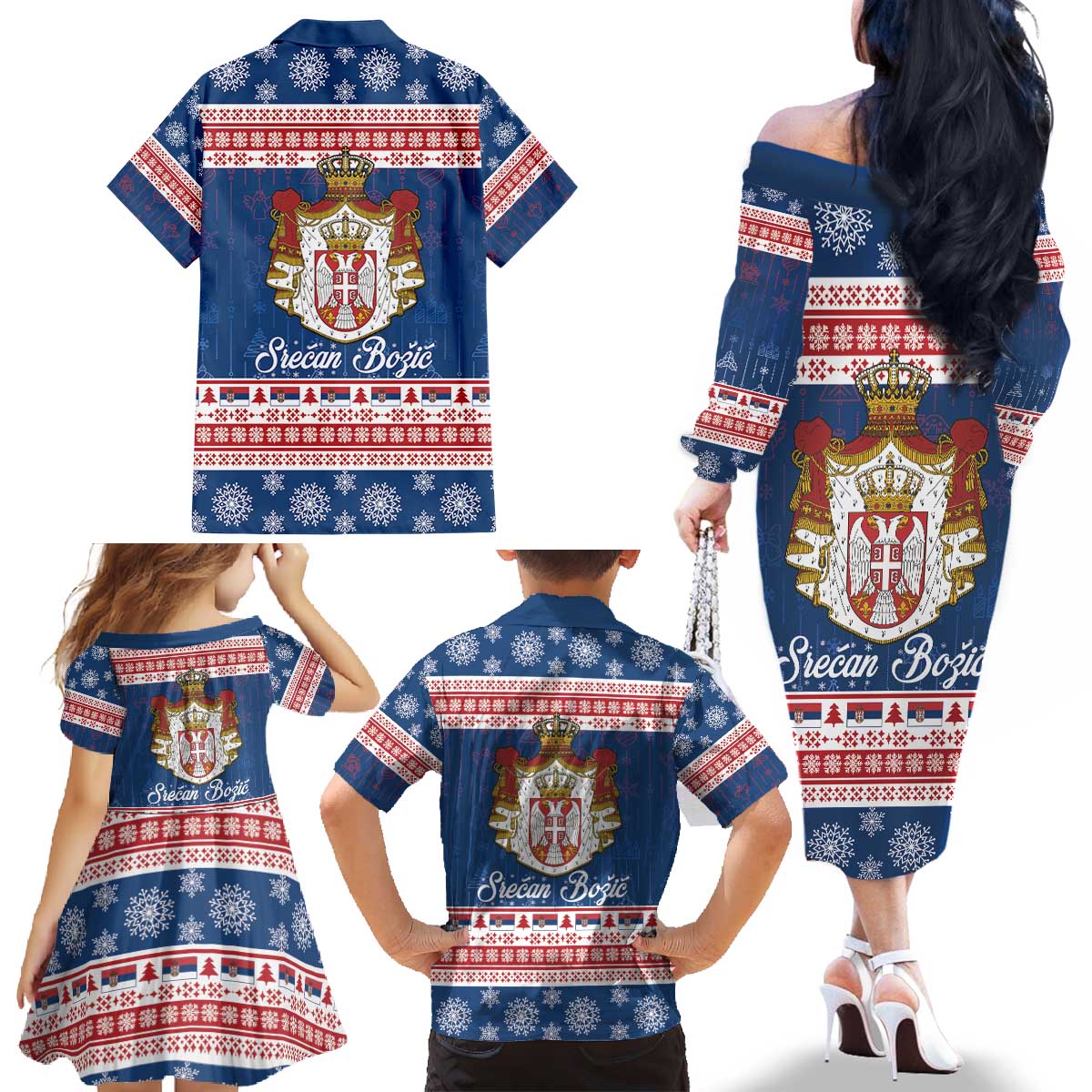 Serbia Christmas Family Matching Off The Shoulder Long Sleeve Dress and Hawaiian Shirt Coat Of Arms Srecan Bozic - Wonder Print Shop
