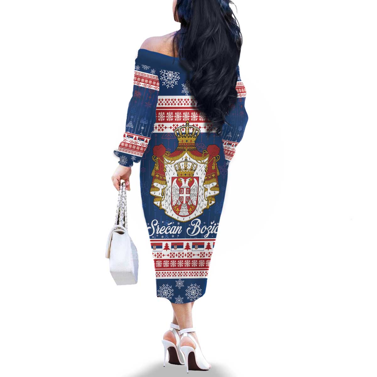 Serbia Christmas Family Matching Off The Shoulder Long Sleeve Dress and Hawaiian Shirt Coat Of Arms Srecan Bozic - Wonder Print Shop