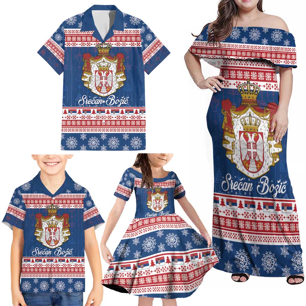 Serbia Christmas Family Matching Off Shoulder Maxi Dress and Hawaiian Shirt Coat Of Arms Srecan Bozic - Wonder Print Shop