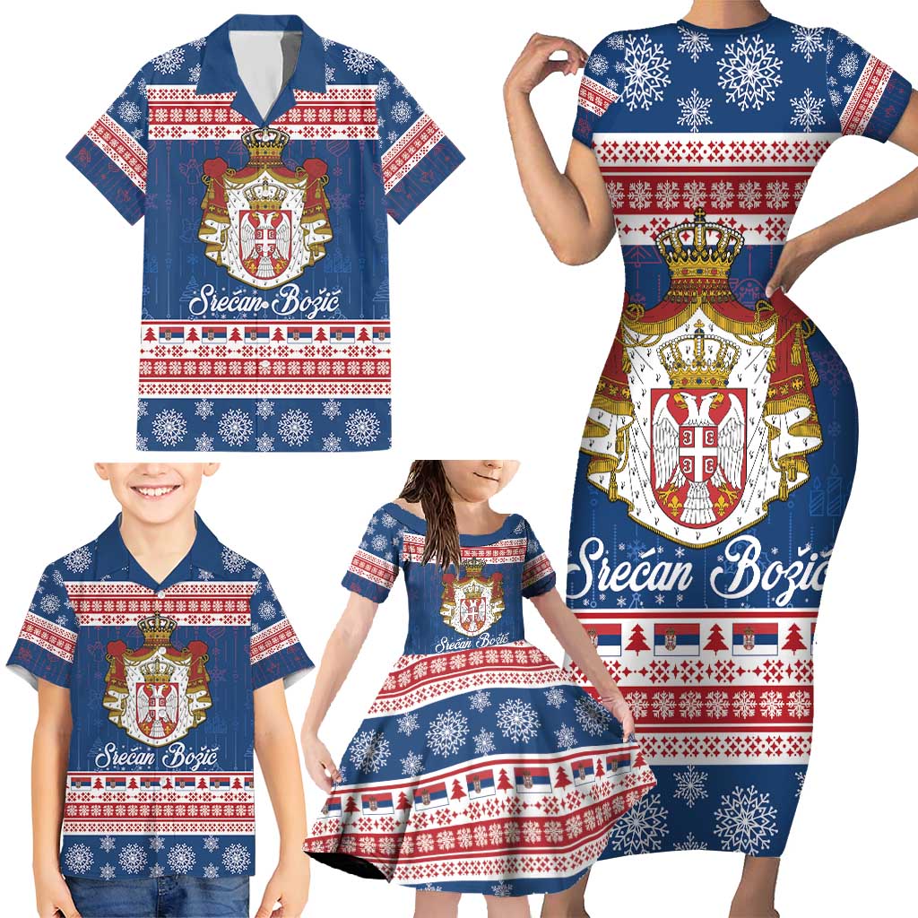 Serbia Christmas Family Matching Short Sleeve Bodycon Dress and Hawaiian Shirt Coat Of Arms Srecan Bozic - Wonder Print Shop
