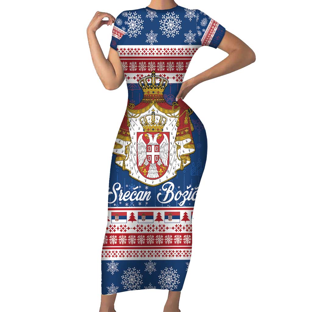 Serbia Christmas Family Matching Short Sleeve Bodycon Dress and Hawaiian Shirt Coat Of Arms Srecan Bozic - Wonder Print Shop