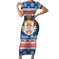 Serbia Christmas Family Matching Short Sleeve Bodycon Dress and Hawaiian Shirt Coat Of Arms Srecan Bozic - Wonder Print Shop