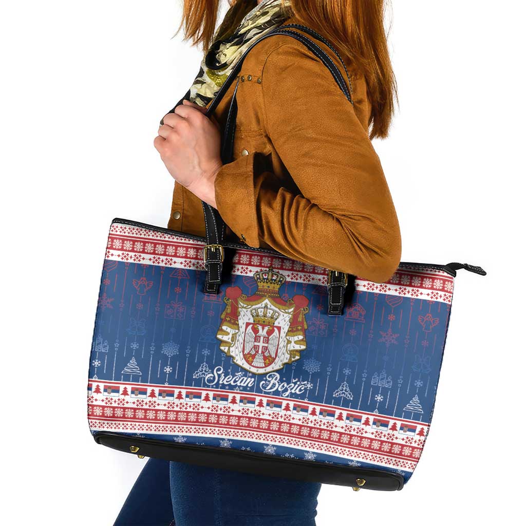 Serbia Christmas Leather Tote Bag Coat Of Arms Srecan Bozic - Wonder Print Shop