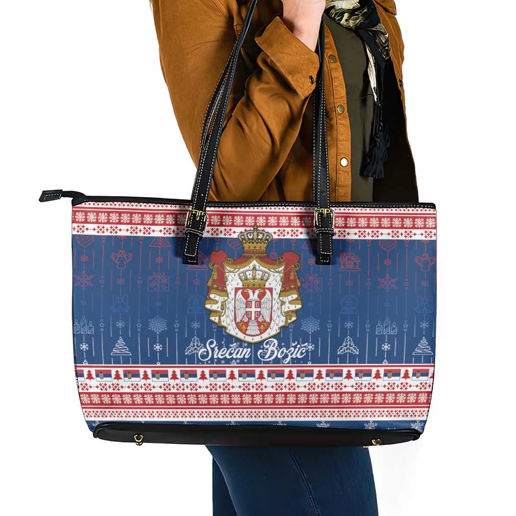Serbia Christmas Leather Tote Bag Coat Of Arms Srecan Bozic - Wonder Print Shop