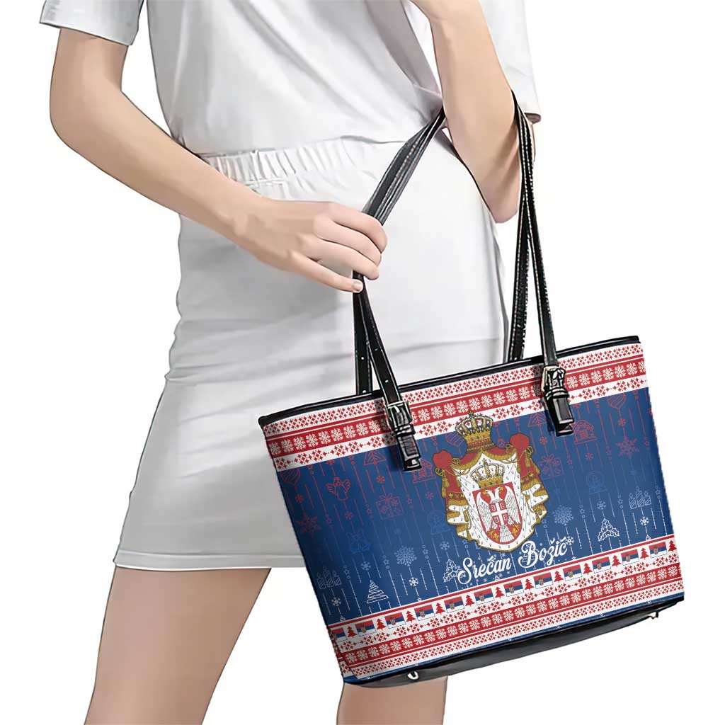 Serbia Christmas Leather Tote Bag Coat Of Arms Srecan Bozic - Wonder Print Shop