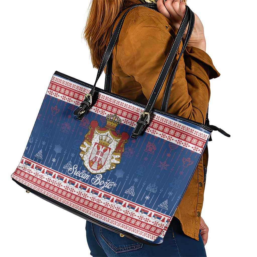 Serbia Christmas Leather Tote Bag Coat Of Arms Srecan Bozic - Wonder Print Shop