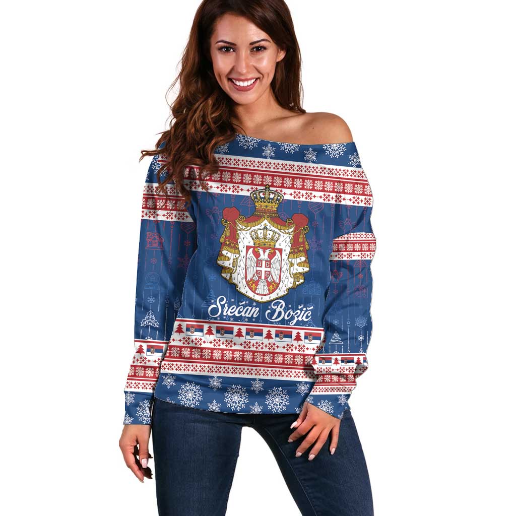 Serbia Christmas Off Shoulder Sweater Coat Of Arms Srecan Bozic - Wonder Print Shop