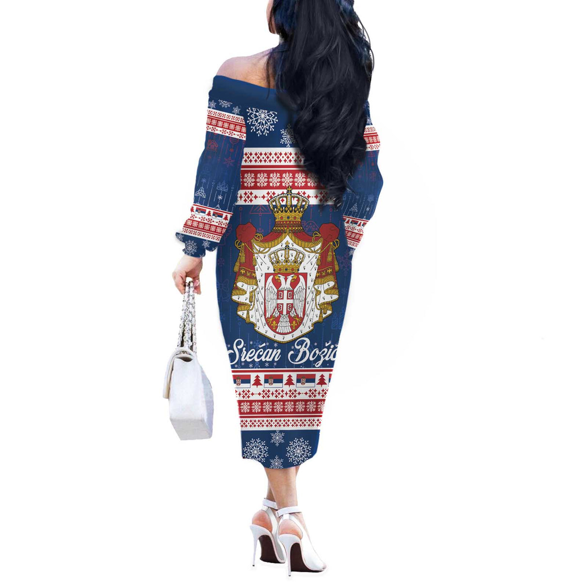 Serbia Christmas Off The Shoulder Long Sleeve Dress Coat Of Arms Srecan Bozic - Wonder Print Shop
